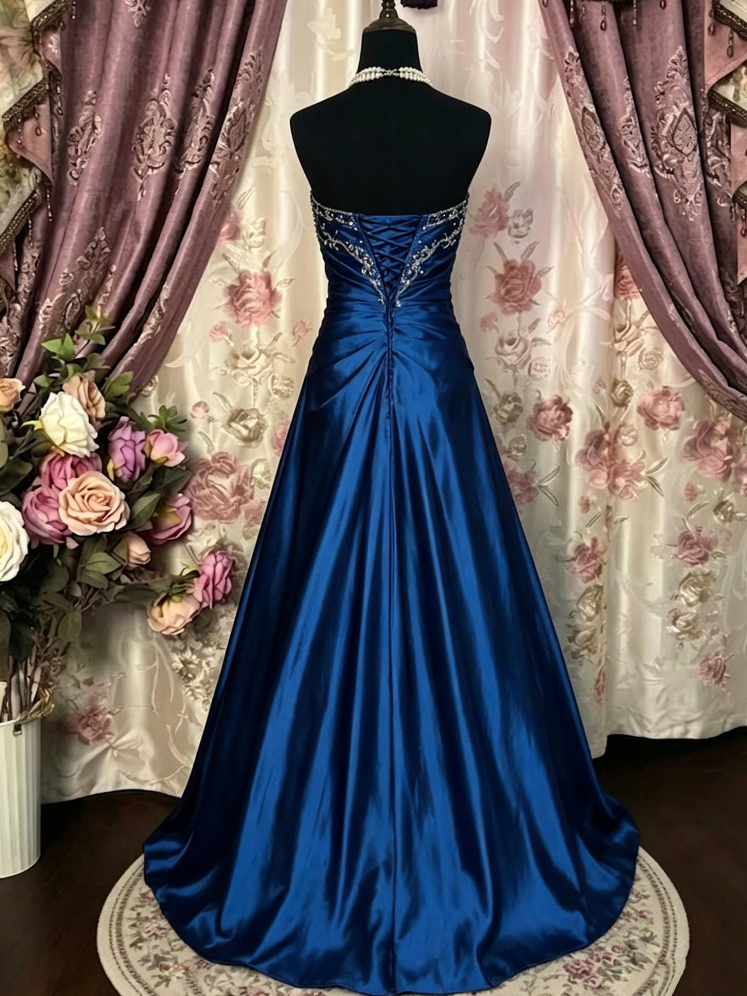 A-Line/Princess Sweetheart Taffeta Prom Dresses Bowknot Vintage 80s Iridescent Sequins Dress Sleeveless FLoor-Length-MON342991, Royal Blue