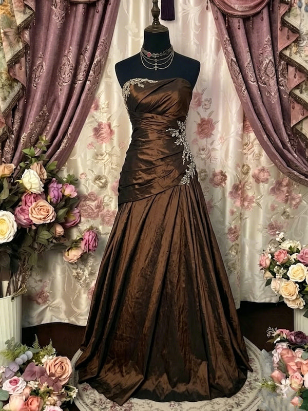 A-Line/Princess Strapless Taffeta Prom Dresses Vintage 80s Iridescent Dress Sleeveless Floor-Length Lace