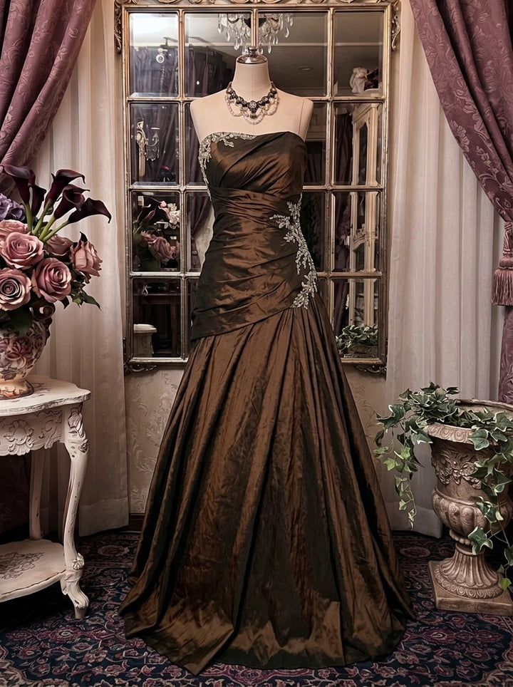 A-Line/Princess Strapless Taffeta Prom Dresses Vintage 80s Iridescent Dress Sleeveless Floor-Length Lace