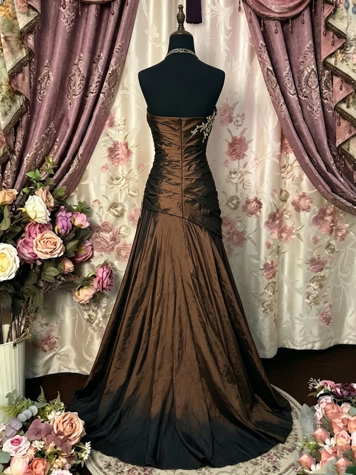 A-Line/Princess Strapless Taffeta Prom Dresses Vintage 80s Iridescent Dress Sleeveless Floor-Length Lace