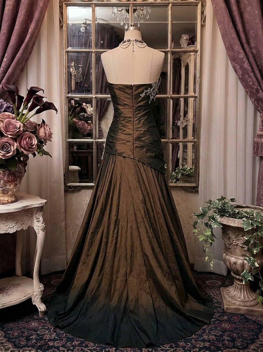 A-Line/Princess Strapless Taffeta Prom Dresses Vintage 80s Iridescent Dress Sleeveless Floor-Length Lace