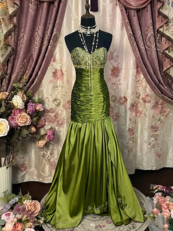 Trumpet/Mermaid Strapless Taffeta Prom Dresses Vintage 80s Iridescent Dress Sleeveless Floor-Length Sequins
