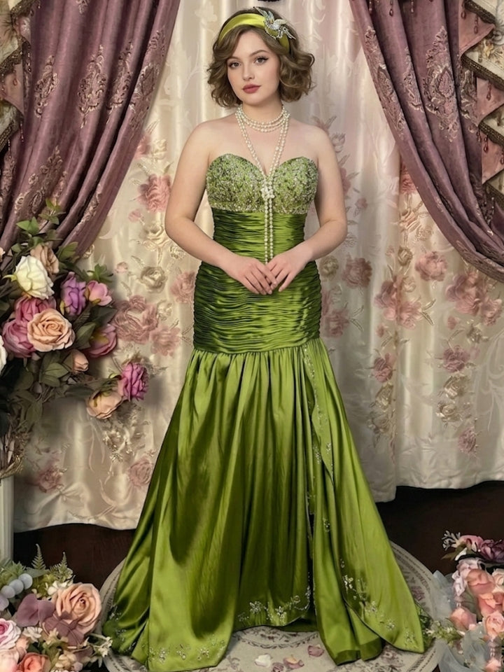 Trumpet/Mermaid Strapless Taffeta Prom Dresses Vintage 80s Iridescent Dress Sleeveless Floor-Length Sequins