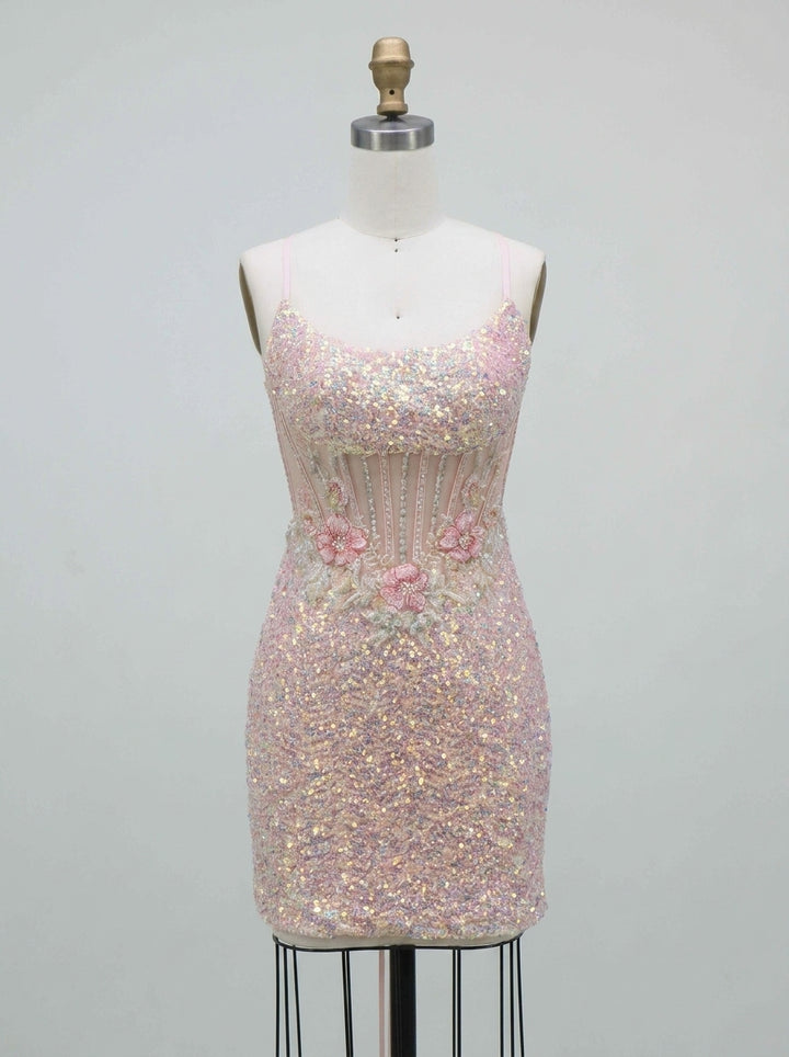 Sheath/Column Spaghetti Straps Sleeveless Short/Mini Homecoming Dresses Floral with Sequins