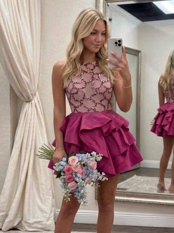 A-Line/Princess Scoop Sequins Satin Homecoming Dresses Sleeveless Knee-Length Ruffles
