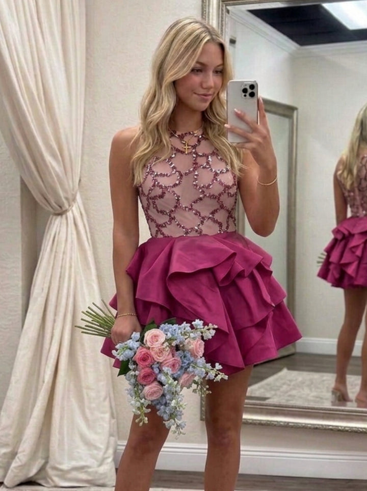 A-Line/Princess Scoop Sequins Satin Homecoming Dresses Sleeveless Knee-Length Ruffles
