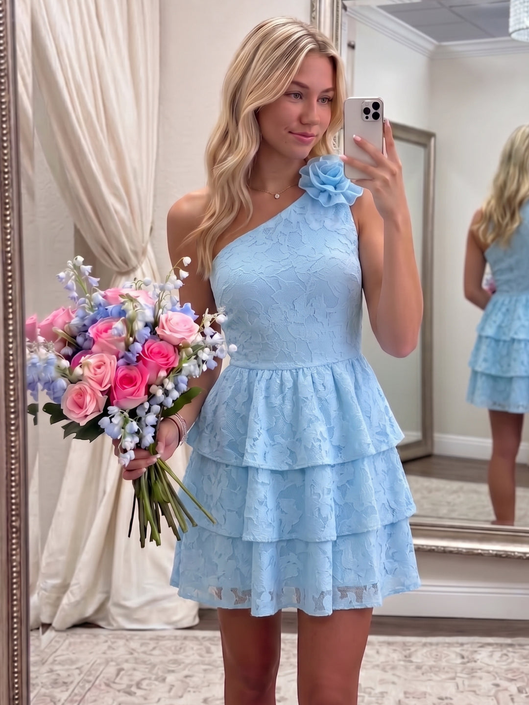 A-Line/Princess One-Shoulder Chiffon Floral Homecoming Dresses with 3D Flower Short/Mini Sleeveless Ruffles
