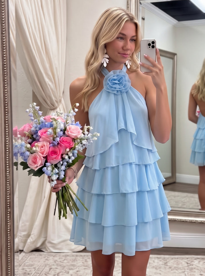 A-Line/Princess Halter Chiffon Homecoming Dresses with 3D Flower Sleeveless Short/Mini Ruffles