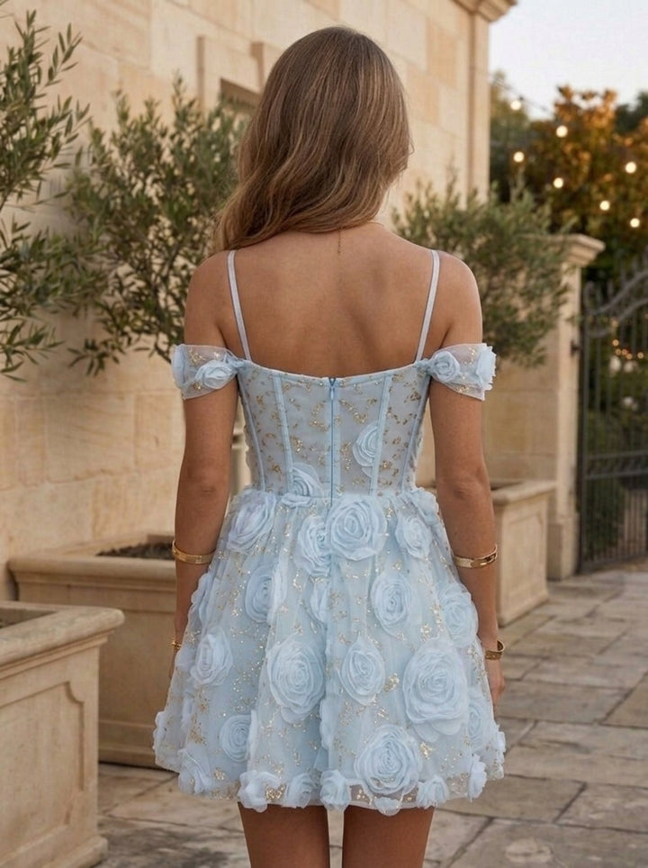 A-Line/Princess Spaghetti Straps Tulle Homecoming Dresses with 3D Flower Short/Mini Floral Sleeveless