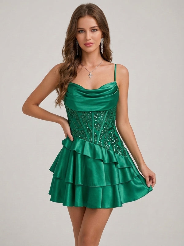 A-Line/Princess Spaghetti Straps Silk Satin Homecoming Dresses Sleeveless Short/Mini Sequins