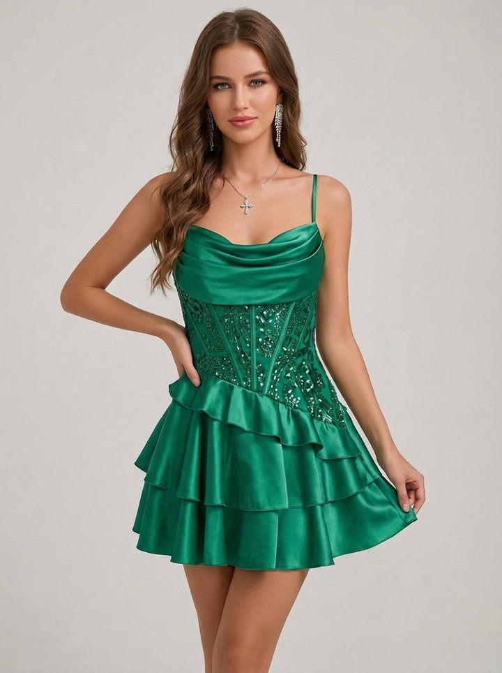 A-Line/Princess Spaghetti Straps Silk Satin Homecoming Dresses Sleeveless Short/Mini Sequins