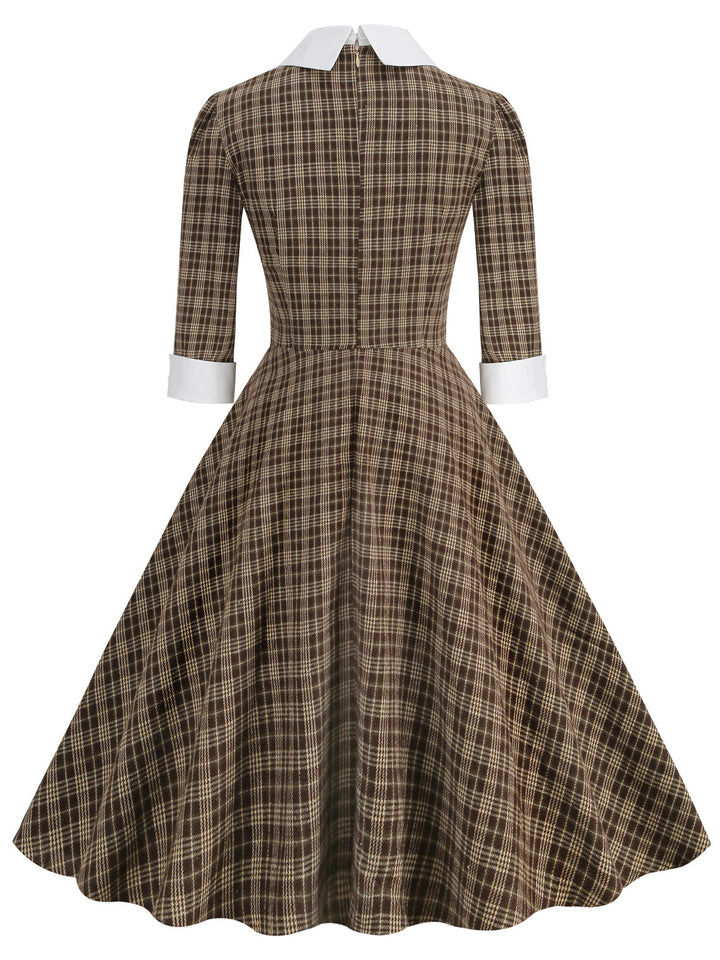 A-Line/Princess 1950s Shirt Collar 3/4 Sleeves Plaid Vintage Dresses