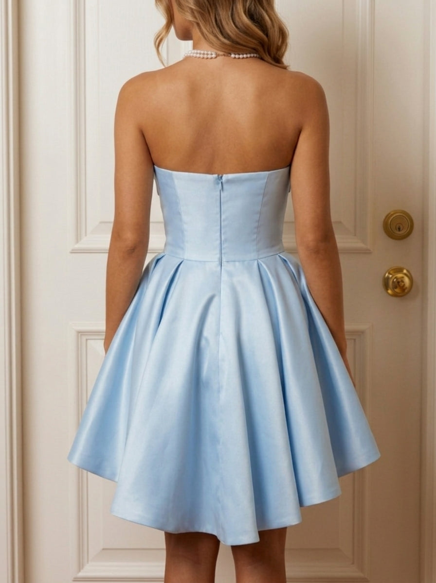 A-Line/Princess Strapless Satin Homecoming Dresses Short/Mini Sleeveless Ruffles
