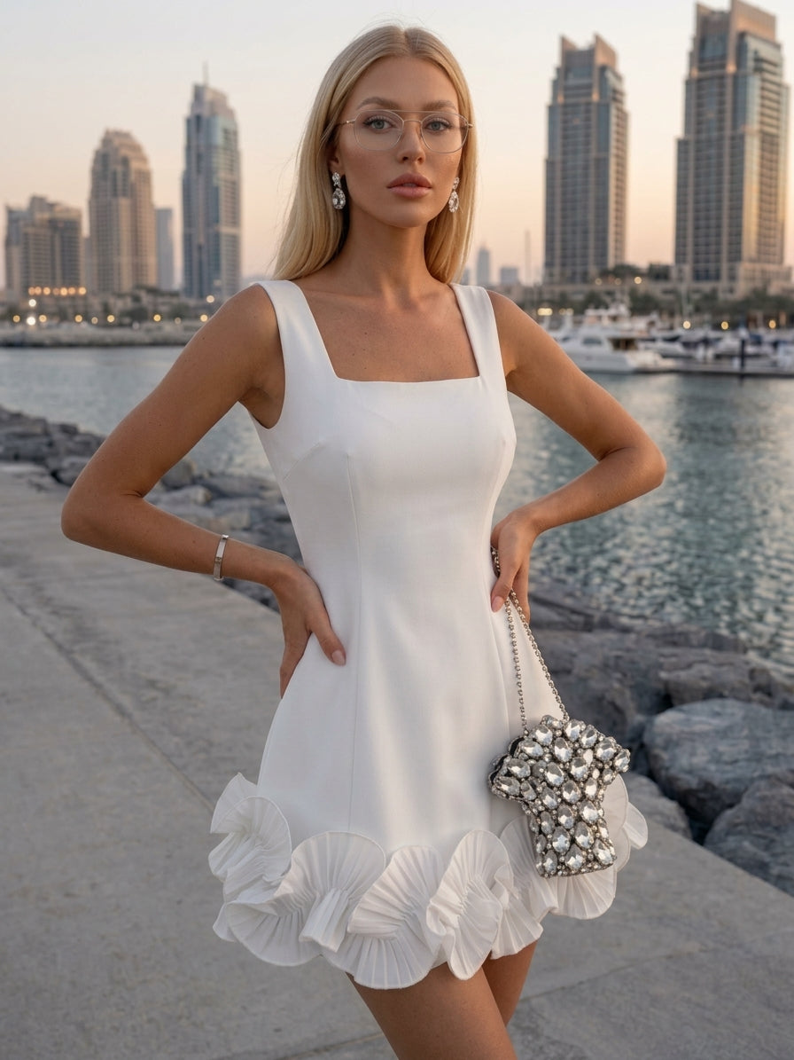A-Line/Princess Square Collar Stretch Satin Homecoming Dresses Ruffles Sleeveless Short/Mini