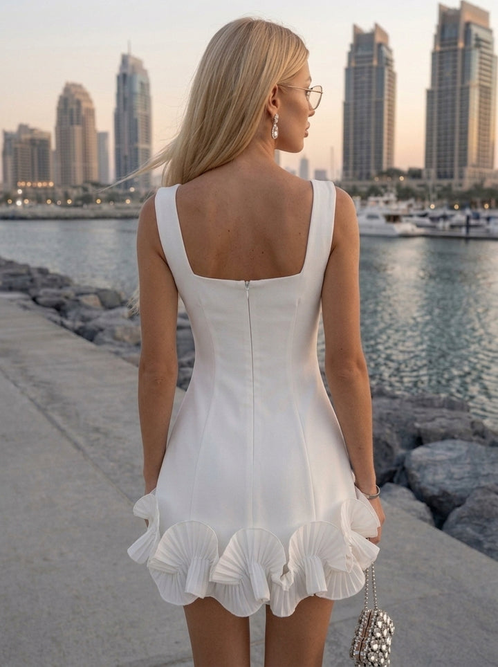 A-Line/Princess Square Collar Stretch Satin Homecoming Dresses Ruffles Sleeveless Short/Mini