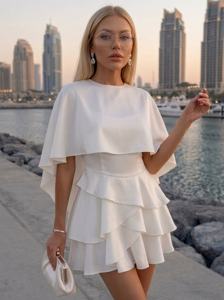 A-Line/Princess Scoop Silk Satin Homecoming Dresses Ruffles Cape Sleeves Short/Mini