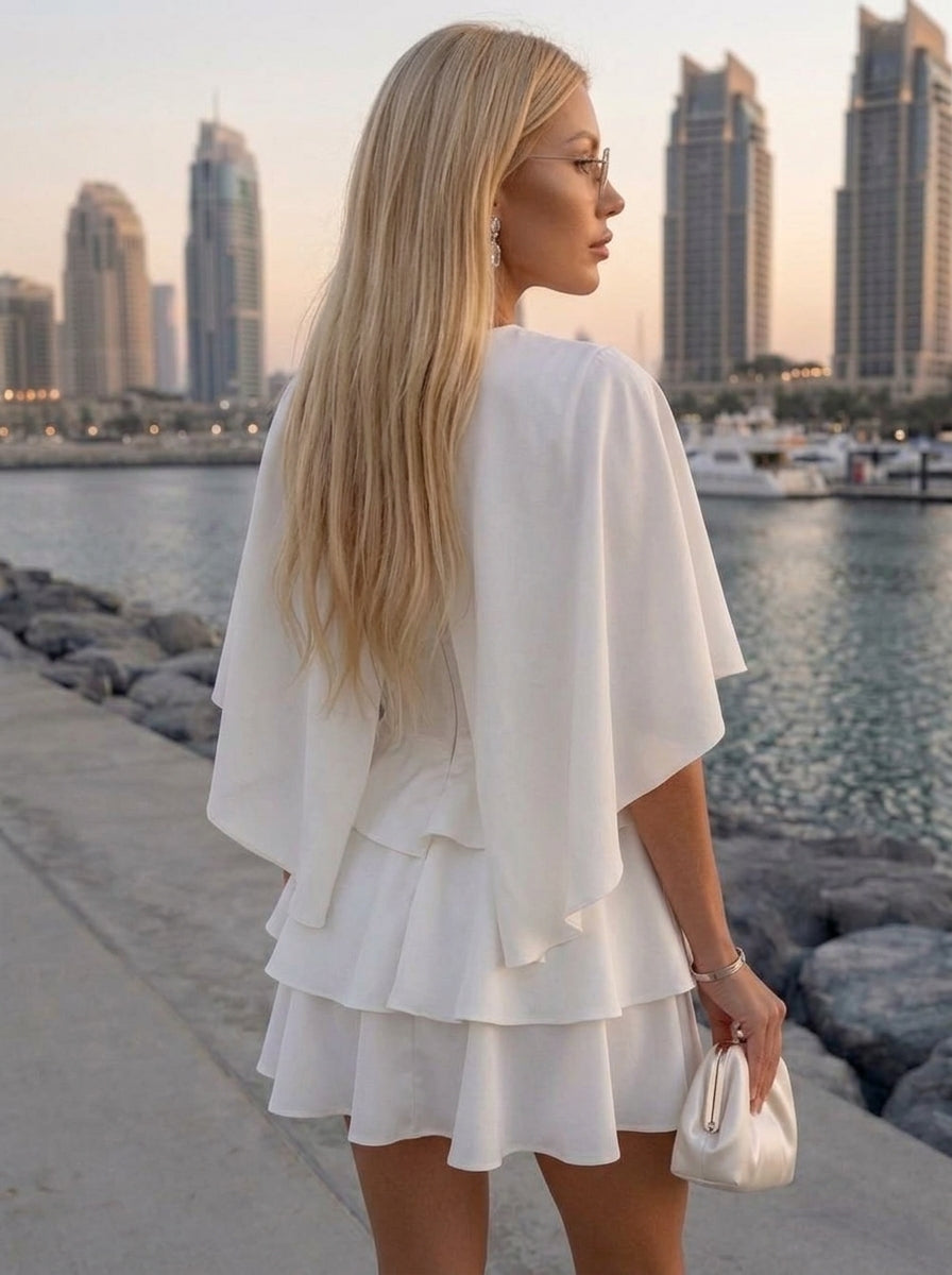 A-Line/Princess Scoop Silk Satin Homecoming Dresses Ruffles Cape Sleeves Short/Mini