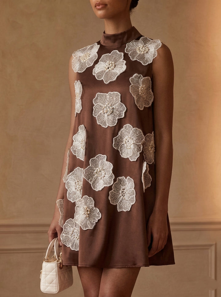 A-Line/Princess Mock Neck Silk Satin Homecoming Dresses with 3D Flowers Sleeveless Short/Mini