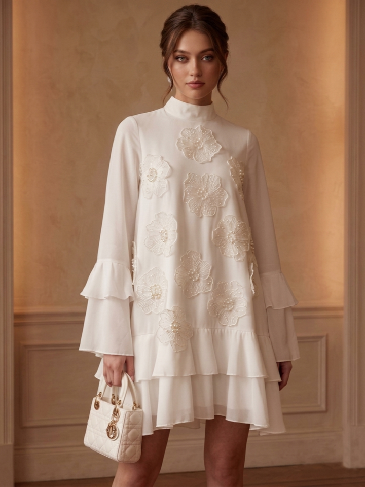 A-Line/Princess Mock Neck Chiffon Homecoming Dresses with 3D Flowers Long Sleeves Short/Mini Ruffles