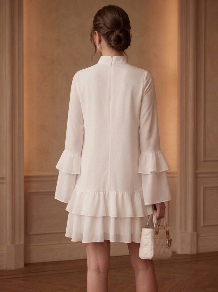 A-Line/Princess Mock Neck Chiffon Homecoming Dresses with 3D Flowers Long Sleeves Short/Mini Ruffles