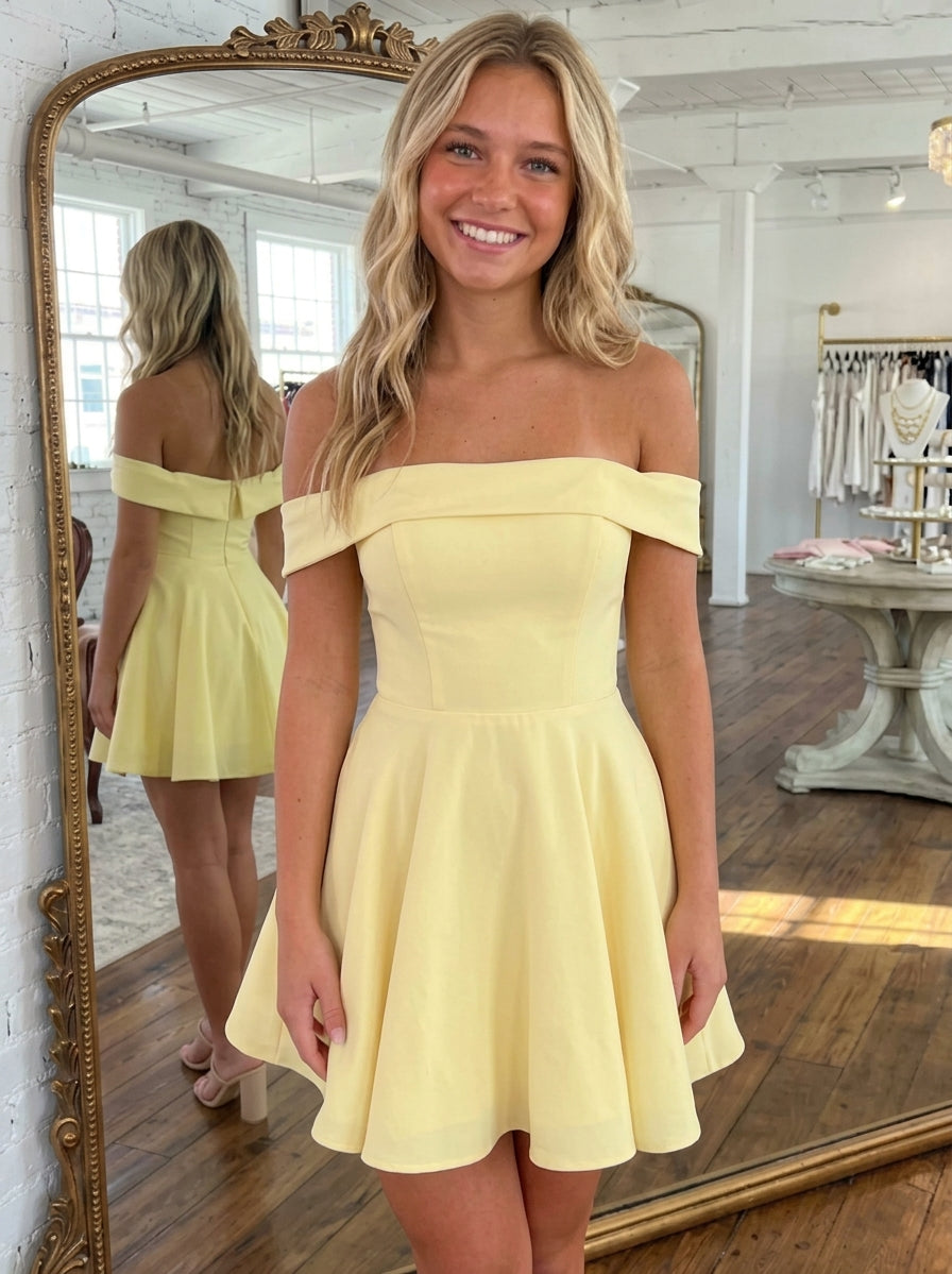 A-Line/Princess Off-the-Shoulder Stretch Satin Homecoming Dresses Sleeveless Short/Mini