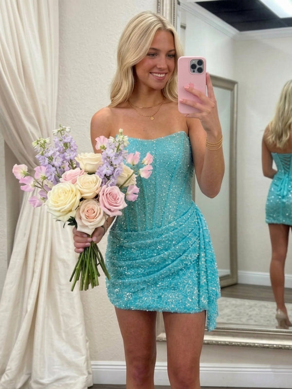 Sheath/Column Strapless Sequins Homecoming Dresses Sleeveless Short/Mini Ruched Ruffles