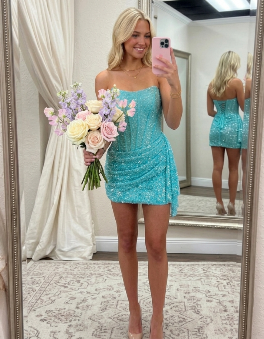 Sheath/Column Strapless Sequins Homecoming Dresses Sleeveless Short/Mini Ruched Ruffles