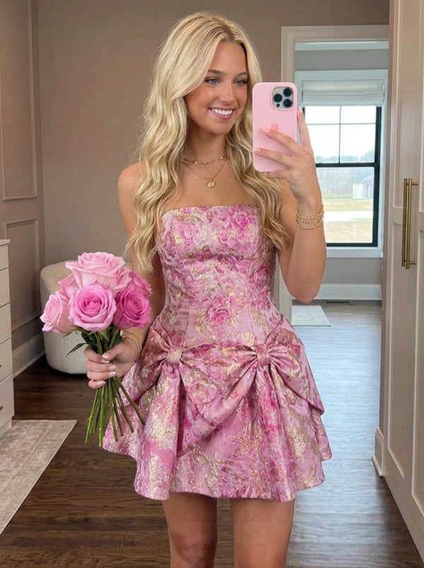A-Line/Princess Strapless Jacquard Homecoming Dresses Sleeveless Short/Mini Floral Bowknot