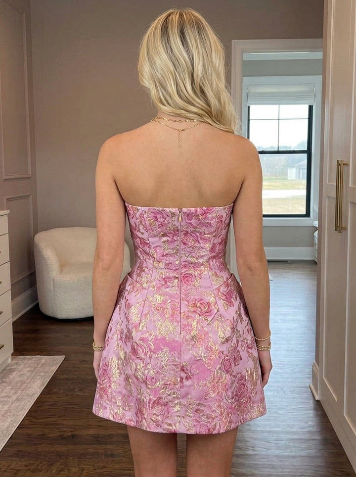 A-Line/Princess Strapless Jacquard Homecoming Dresses Sleeveless Short/Mini Floral Bowknot