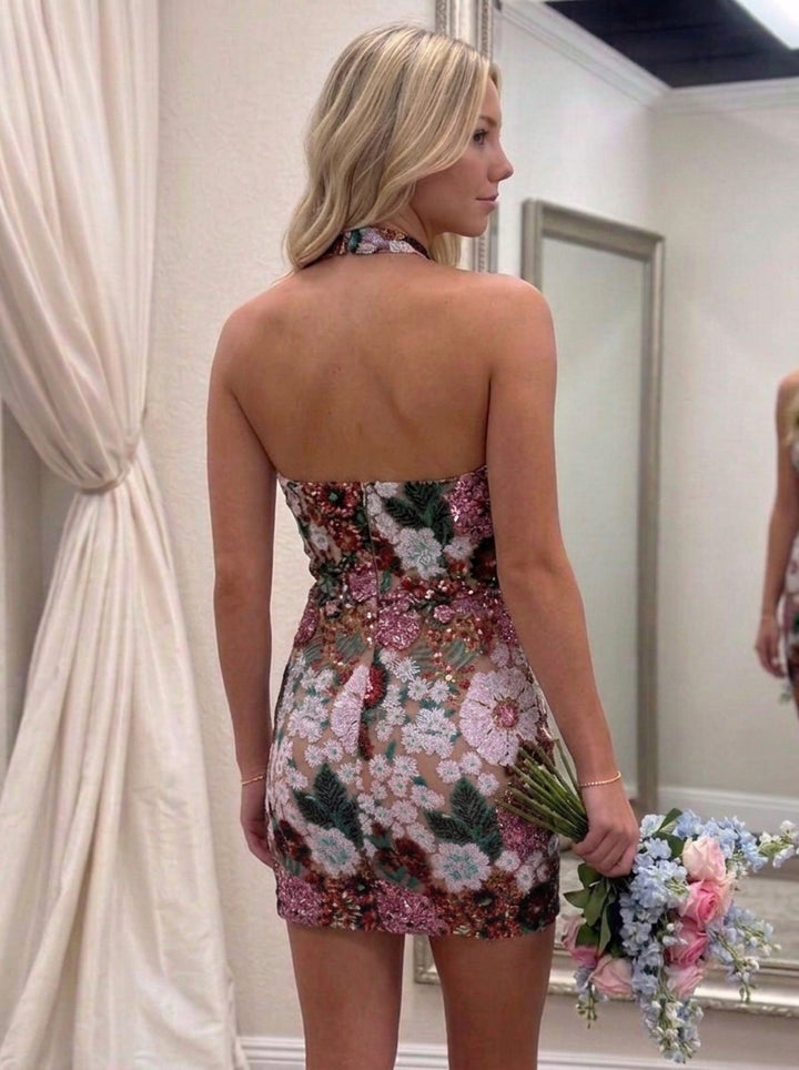 Sheath/Column Halter Sequins Homecoming Dresses Short/Mini Sleeveless Floral