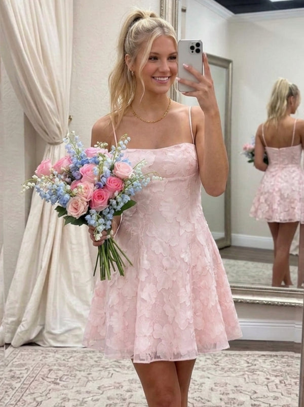 A-Line/Princess Spaghetti Straps Chiffon Floral Homecoming Dresses Sleeveless Short/Mini