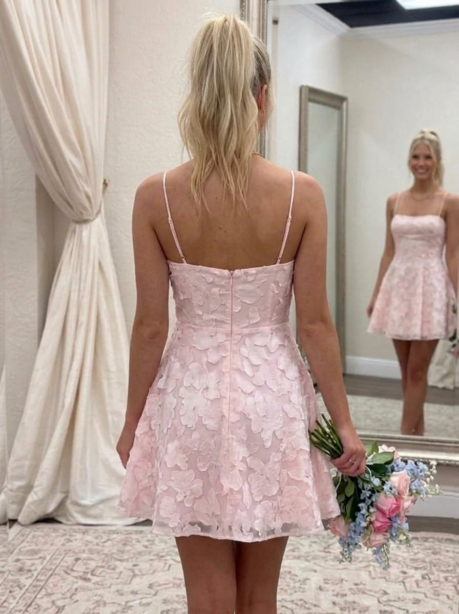A-Line/Princess Spaghetti Straps Chiffon Floral Homecoming Dresses Sleeveless Short/Mini