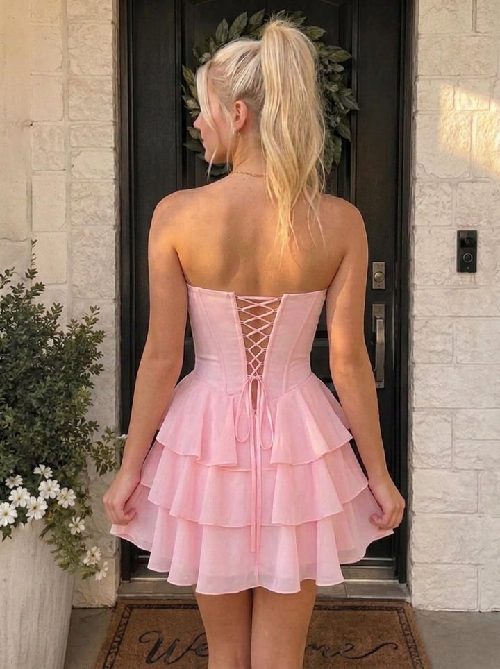 A-Line/Princess Strapless Chiffon Homecoming Dresses Sleeveless Short/Mini Ruffles