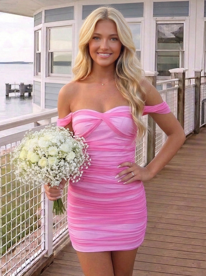 Sheath/Column Off-the-Shoulder Tulle Homecoming Dresses Sleeveless Short/Mini Ruched