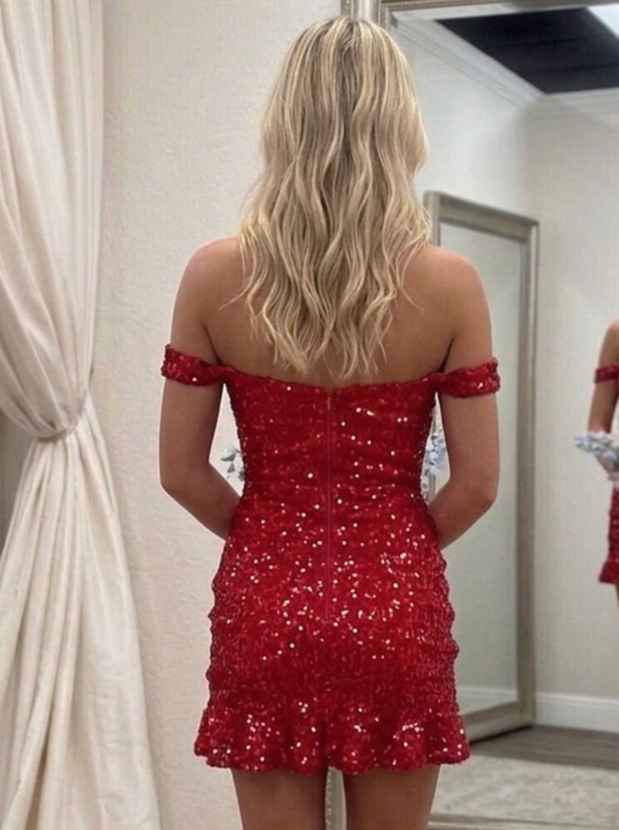 Sheath/Column Off-the-Shoulder Sequins Homecoming Dresses Sleeveless Short/Mini Ruched