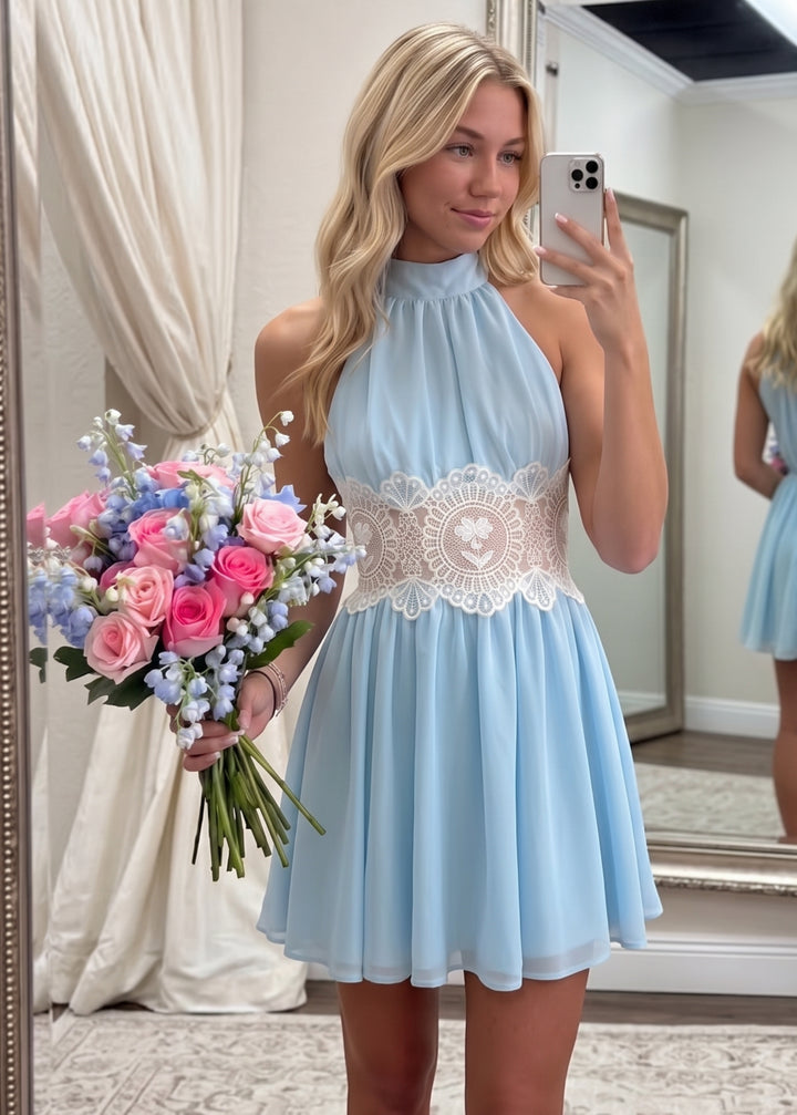 A-Line/Princess Halter Chiffon Homecoming Dresses Sleeveless Short/Mini Lace Floral