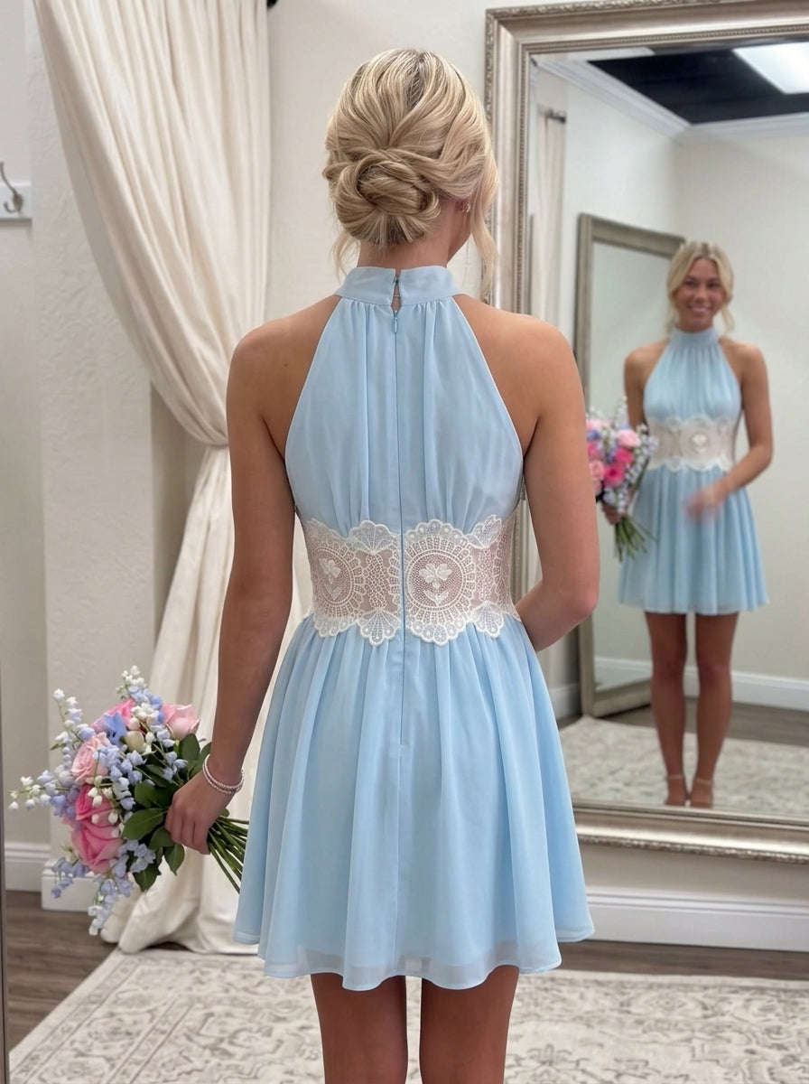 A-Line/Princess Halter Chiffon Homecoming Dresses Sleeveless Short/Mini Lace Floral