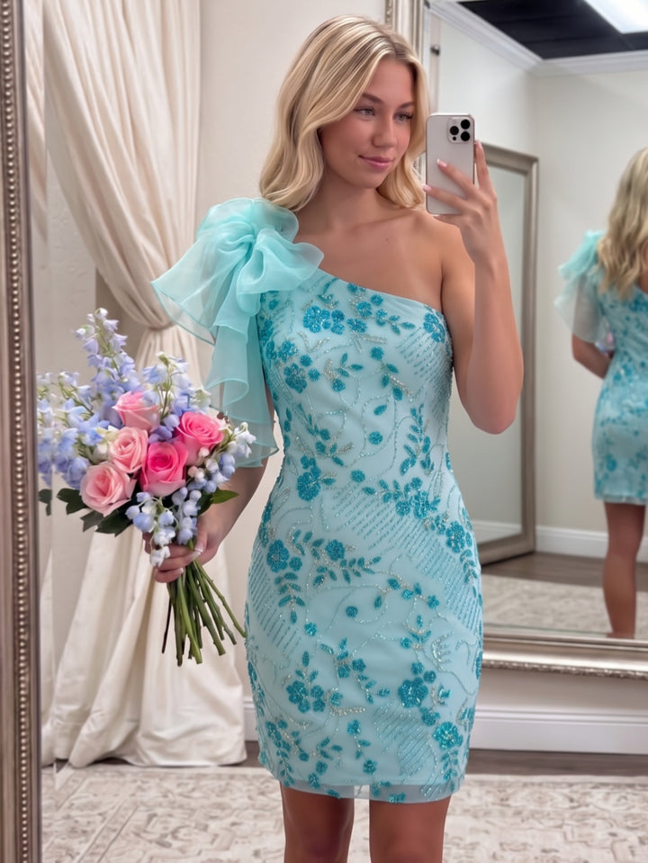 Sheath/Column One-Shoulder Sequins Homecoming Dresses Sleeveless Short/Mini Floral Ruffles