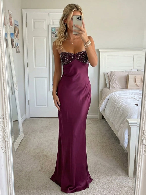 Sheath/Column Spaghetti Straps Silk Satin Prom Dresses Floor-Length Sleeveless Sequins Formal Dresses