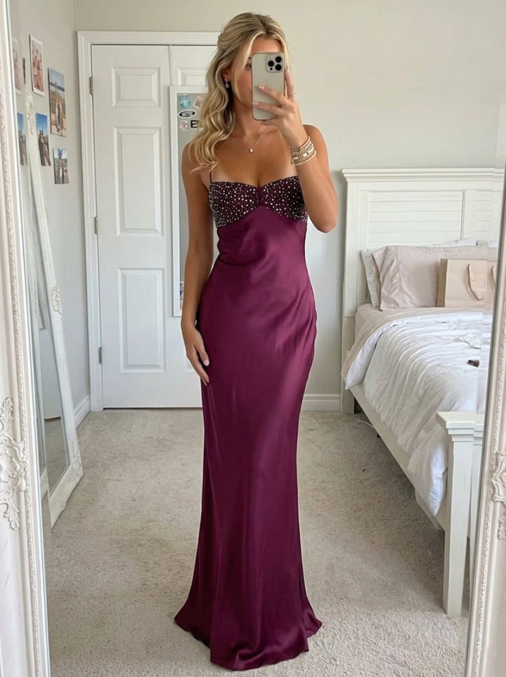 Sheath/Column Spaghetti Straps Silk Satin Prom Dresses Floor-Length Sleeveless Sequins Formal Dresses