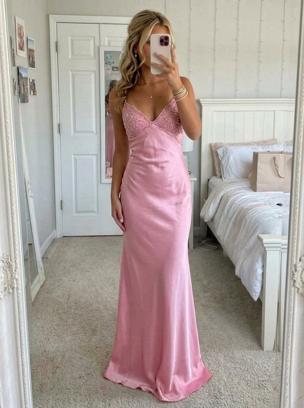 Sheath/Column V-Neck Silk Satin Prom Dresses Floor-Length Sleeveless Sequins Formal Dresses