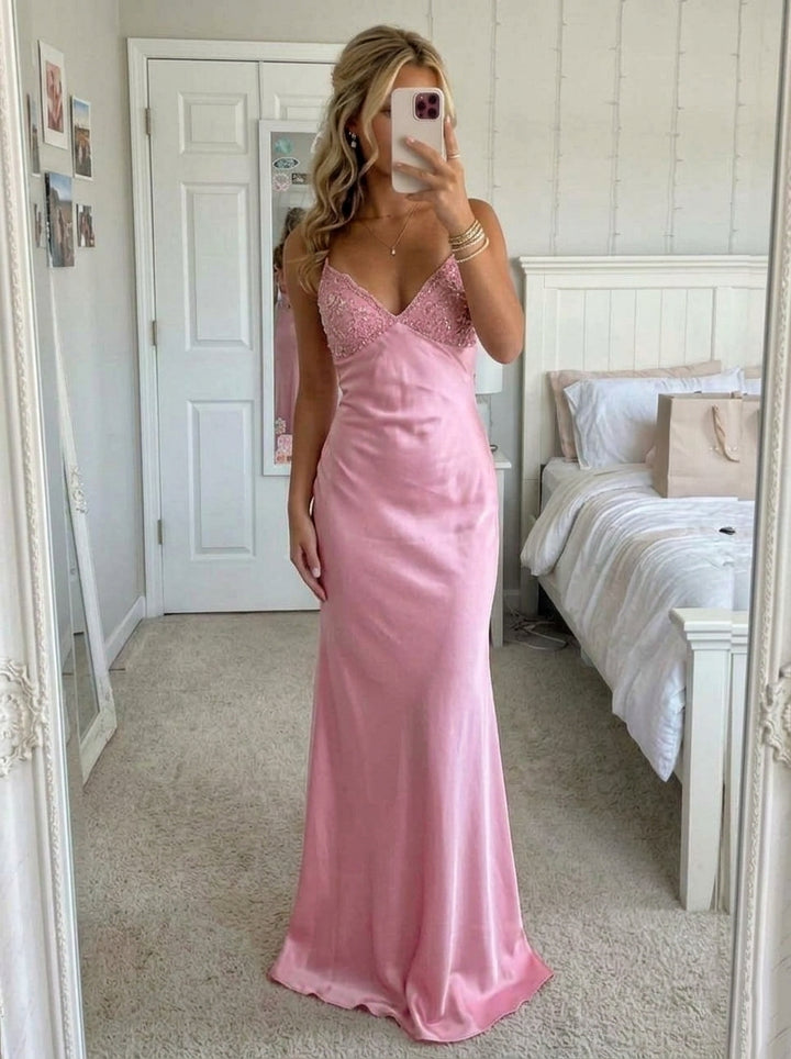 Sheath/Column V-Neck Silk Satin Prom Dresses Floor-Length Sleeveless Sequins Formal Dresses