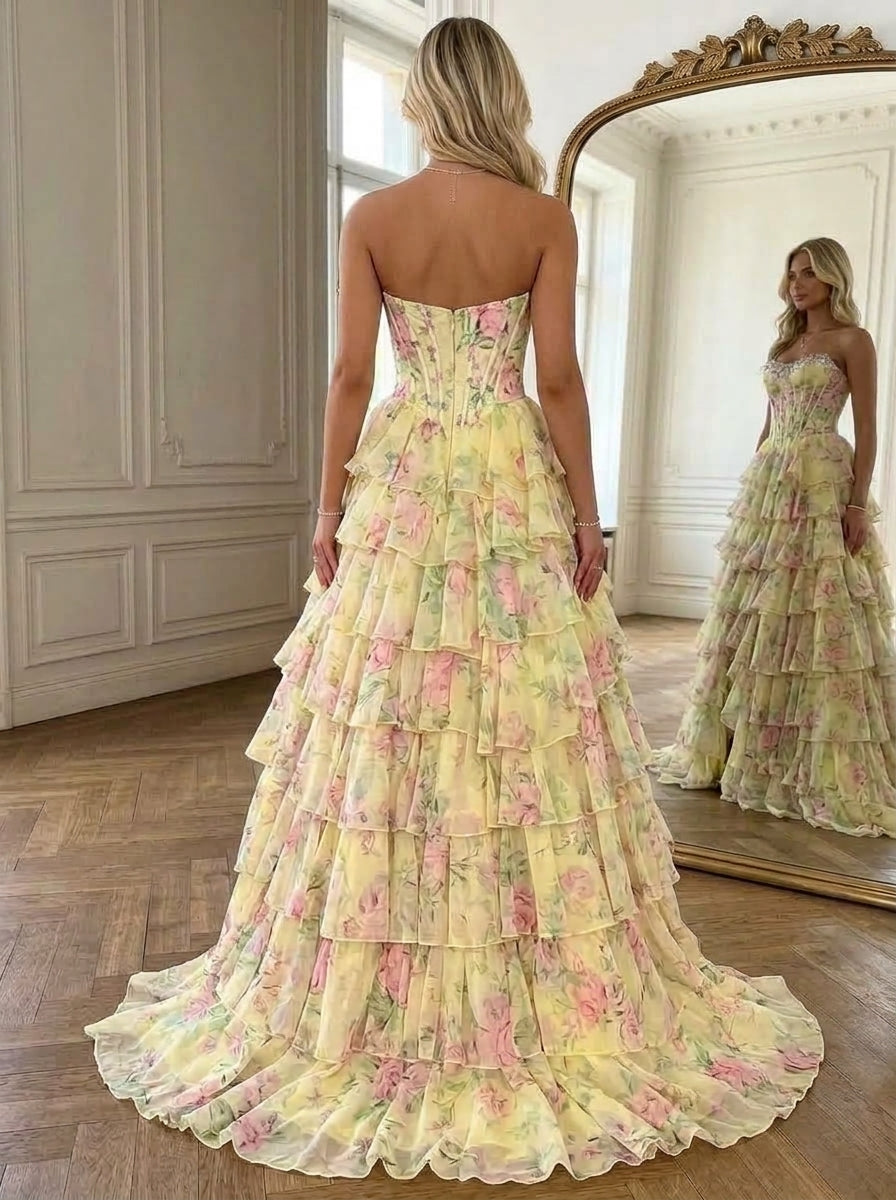 A-Line/Princess Strapless Printed Prom Dresses with Split Side Tiered Ruffles Floor-Length Sleeveless Formal Dresses