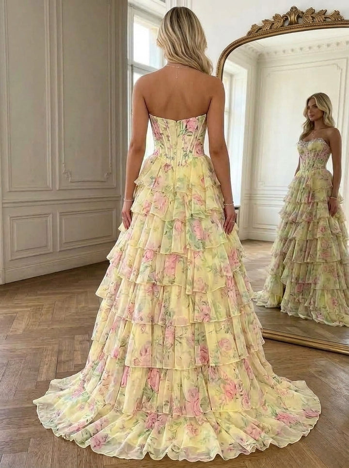 A-Line/Princess Strapless Printed Prom Dresses with Split Side Tiered Ruffles Floor-Length Sleeveless Formal Dresses
