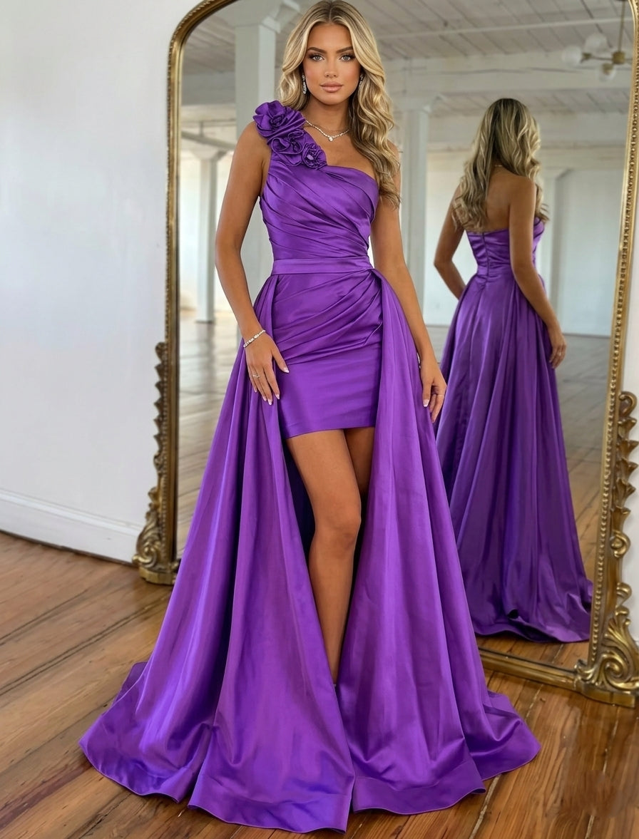 A-Line/Princess One-Shoulder Satin Prom Dresses with Detachable Overskirt 3D Flowers Floor-Length Sleeveless Formal Dresses
