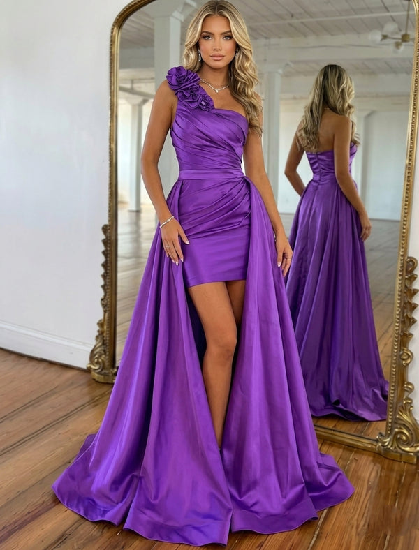 A-Line/Princess One-Shoulder Satin Prom Dresses with Detachable Overskirt 3D Flowers Floor-Length Sleeveless Formal Dresses