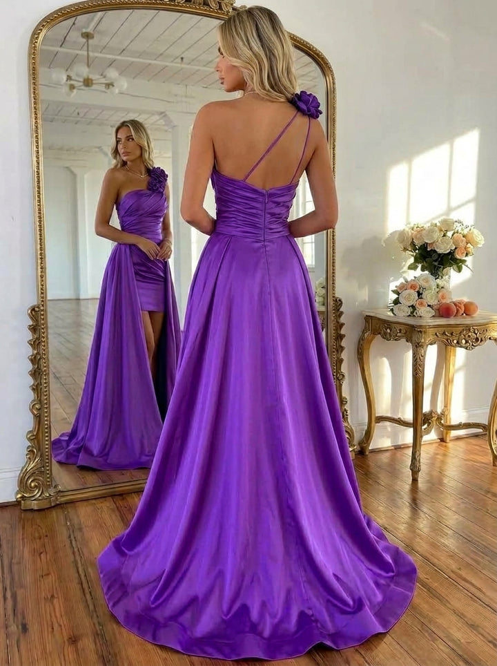 A-Line/Princess One-Shoulder Satin Prom Dresses with Detachable Overskirt 3D Flowers Floor-Length Sleeveless Formal Dresses