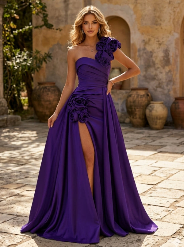 A-Line/Princess One-Shoulder Satin Prom Dresses with Split Side 3D Flowers Floor-Length Sleeveless Formal Dresses