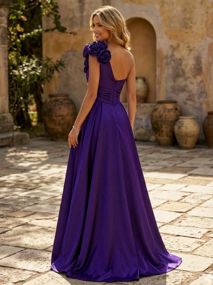 A-Line/Princess One-Shoulder Satin Prom Dresses with Split Side 3D Flowers Floor-Length Sleeveless Formal Dresses