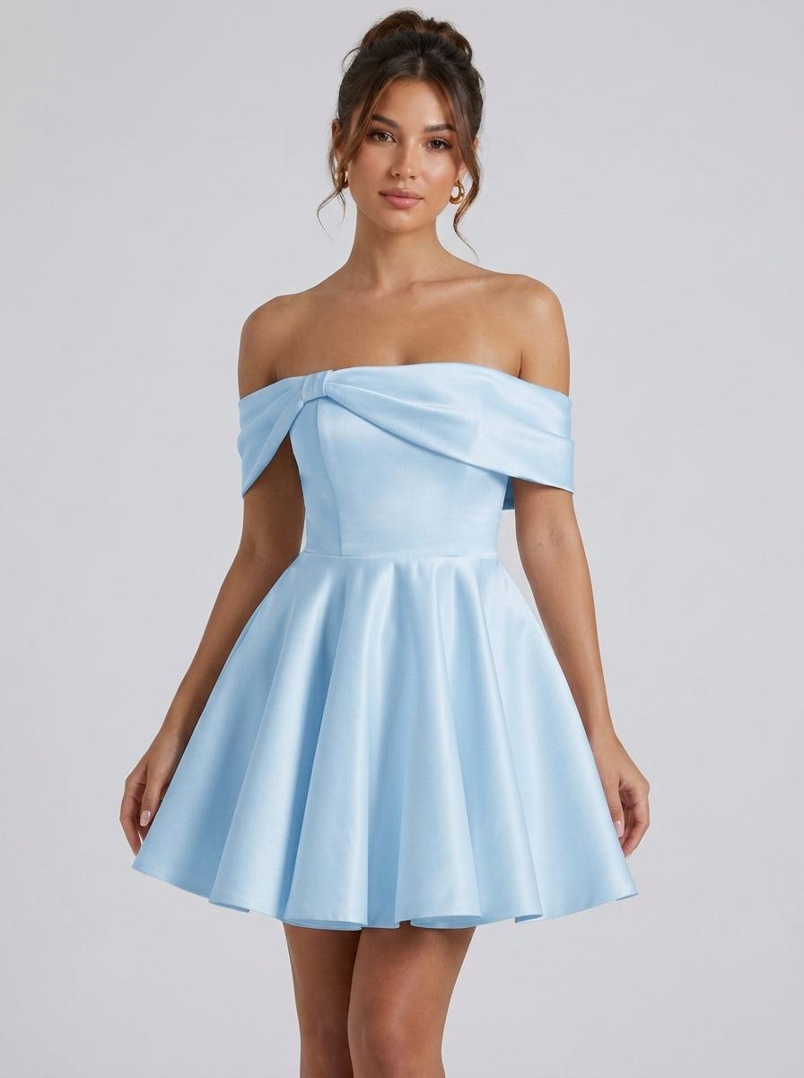 A-Line/Princess Off-the-Shoulder Satin Homecoming Dresses Short/Mini Sleeveless Pleated